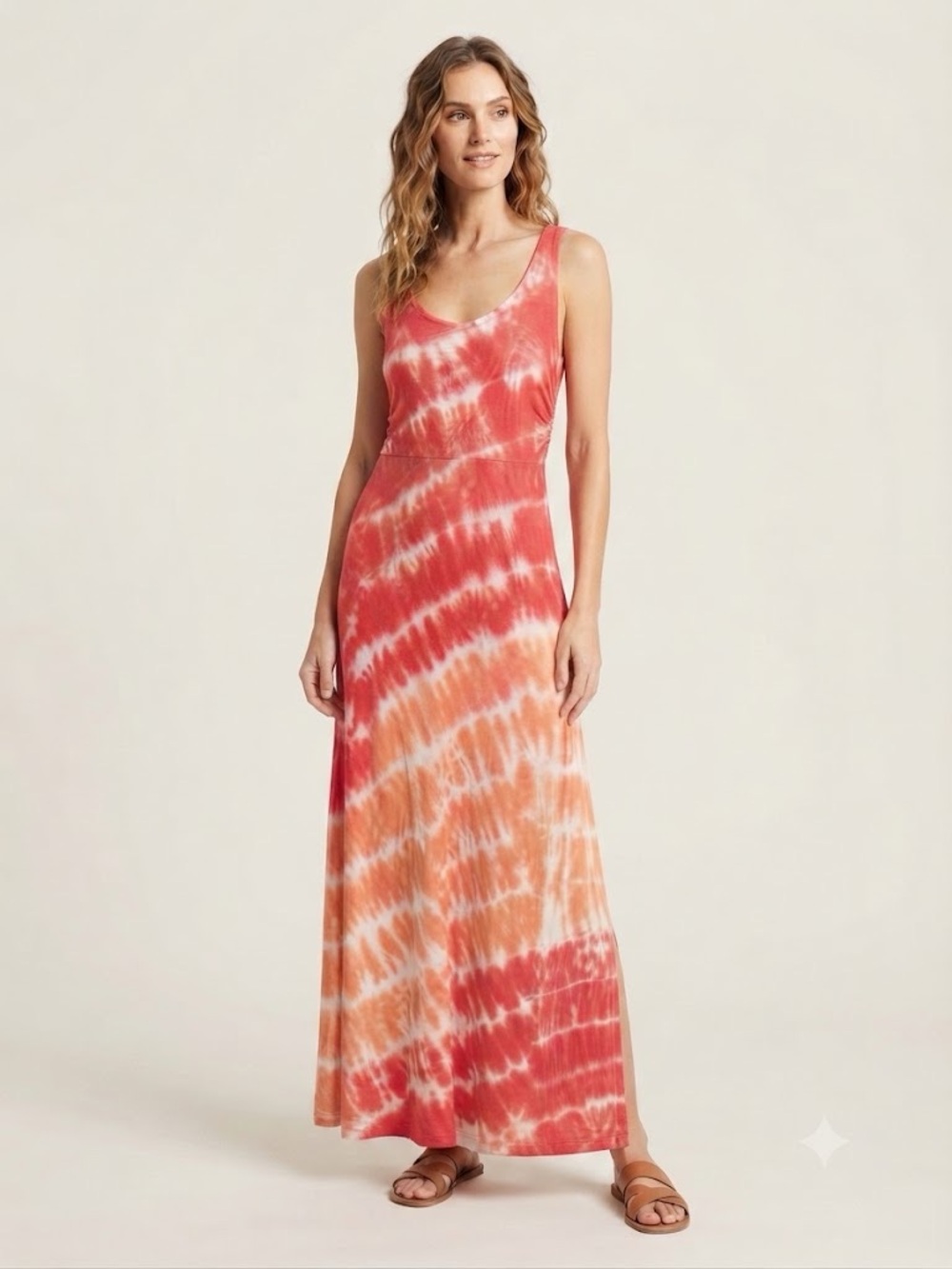 Sleeveless Tie-Dye Maxi Dress in Coral & Peach